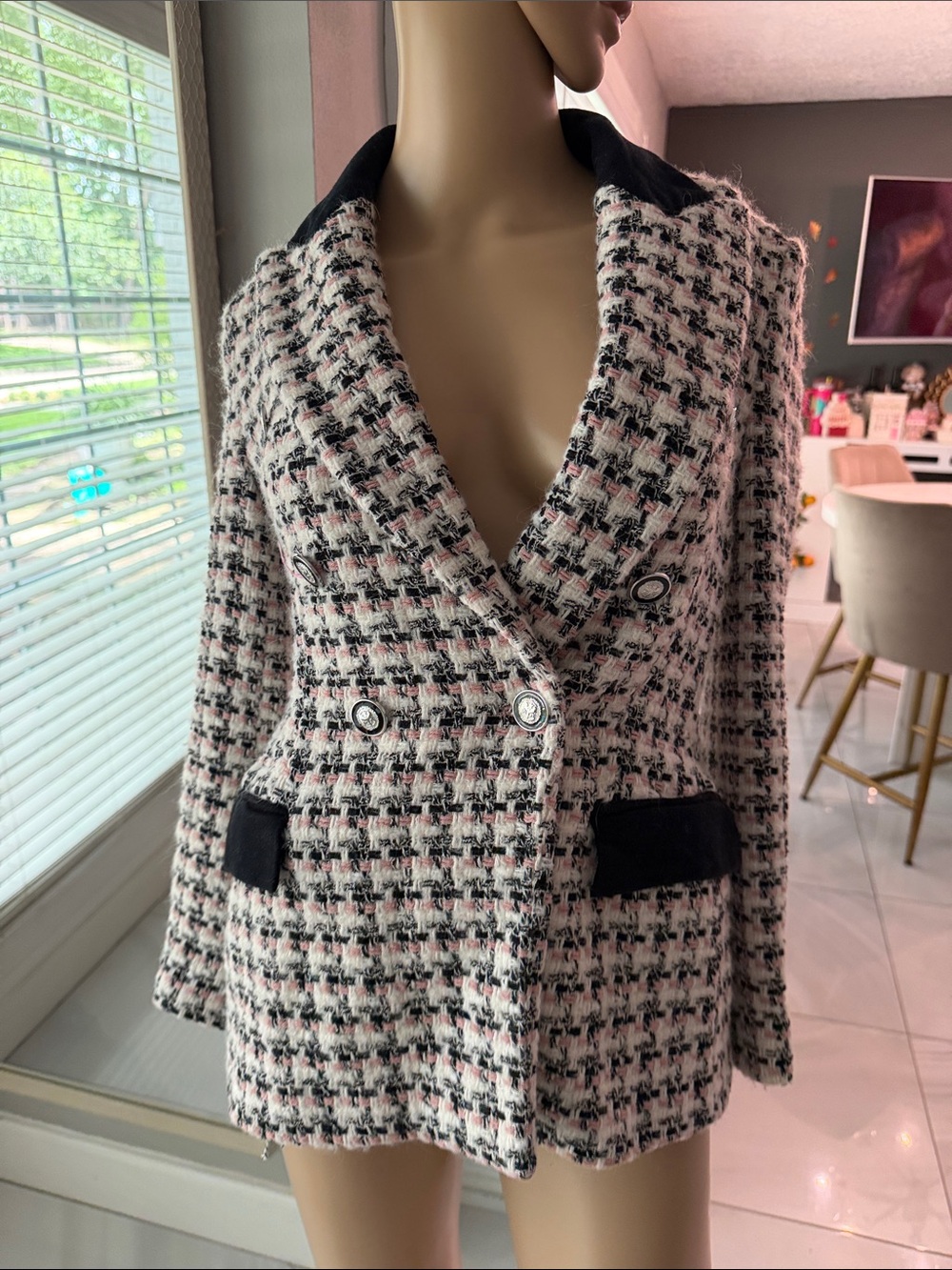 Zara Pink & Black Tweed Double-Breasted Blazer